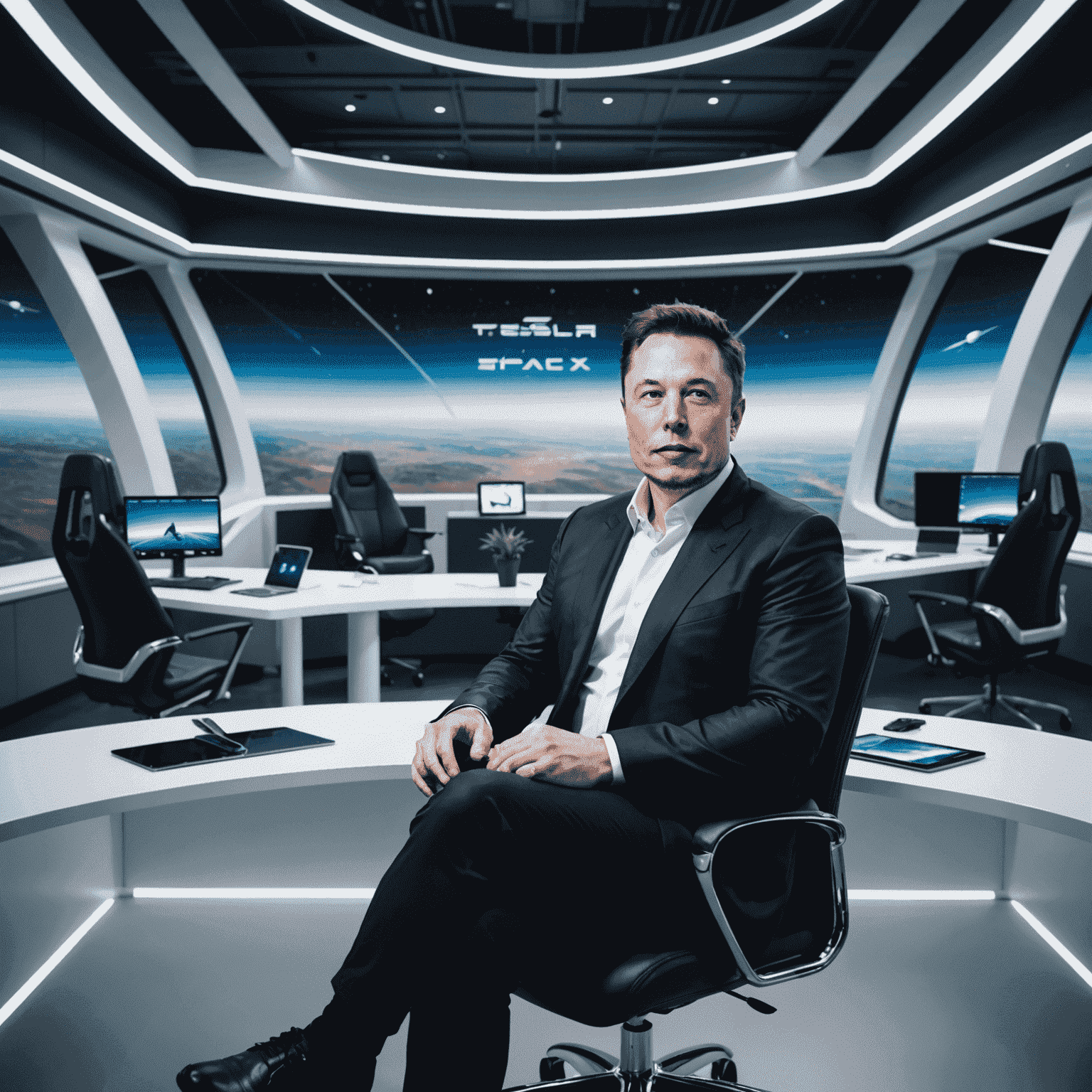 Elon Musk sitting in a futuristic office with SpaceX and Tesla logos visible, discussing his vision for the future