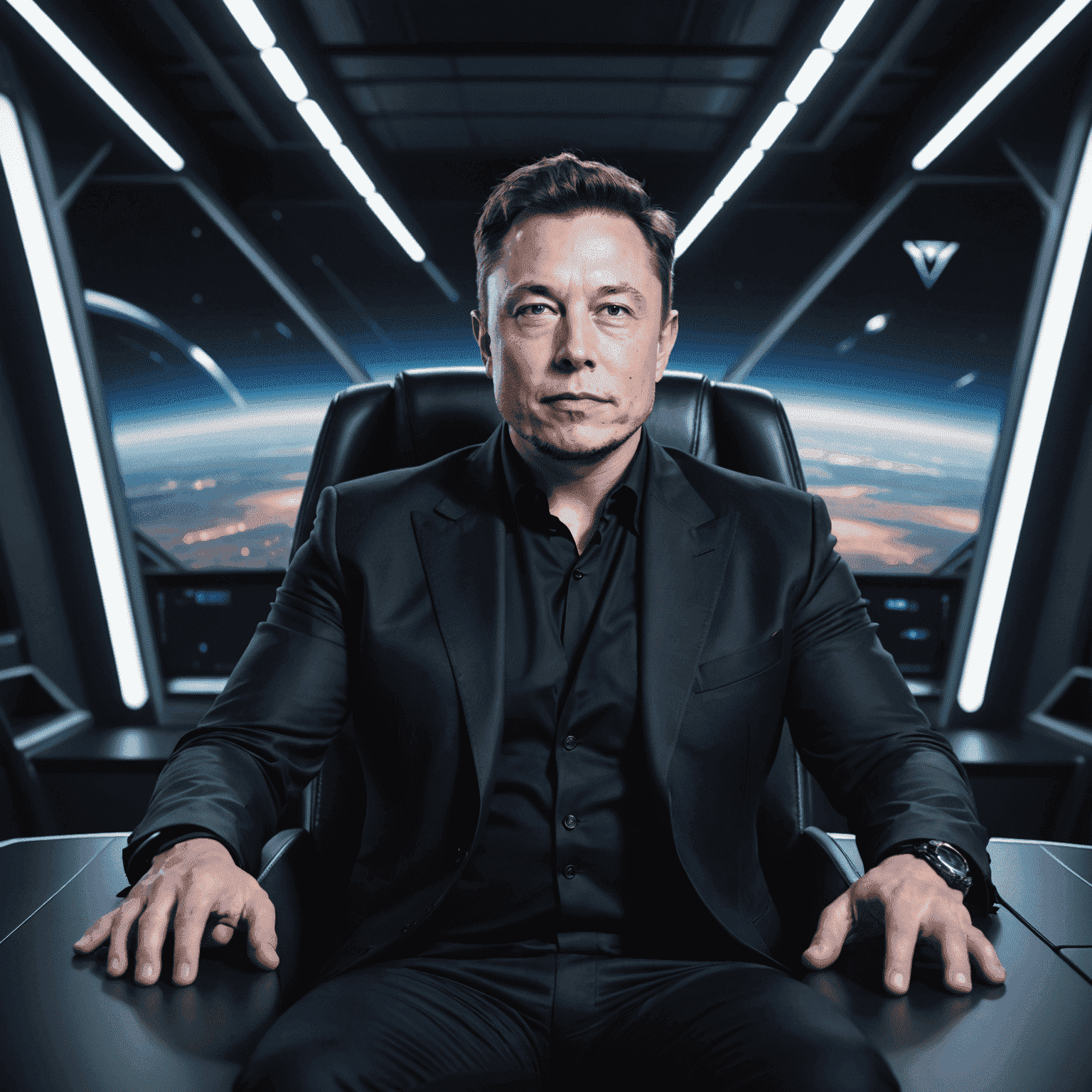 Elon Musk sitting in a futuristic office with SpaceX and Tesla logos visible in the background. He's wearing a dark suit and has a confident expression.