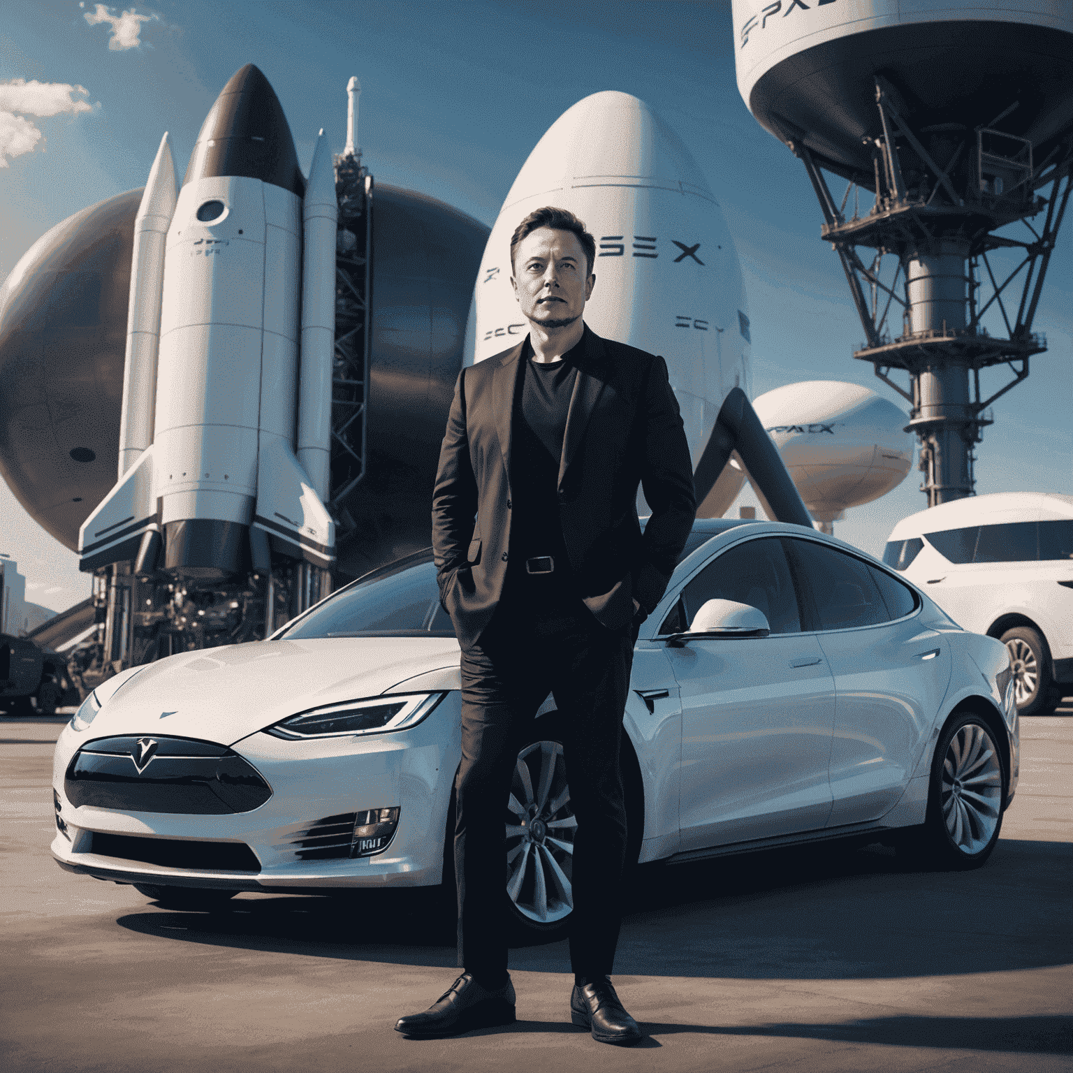 Elon Musk standing in front of a SpaceX rocket and a Tesla car, looking confidently towards the future