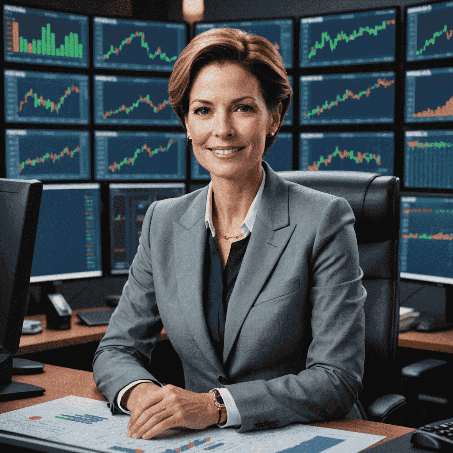 Jane Doe, a seasoned Wall Street trader, sitting at her desk with multiple monitors displaying financial charts and data. She's wearing a professional suit and has a confident smile.