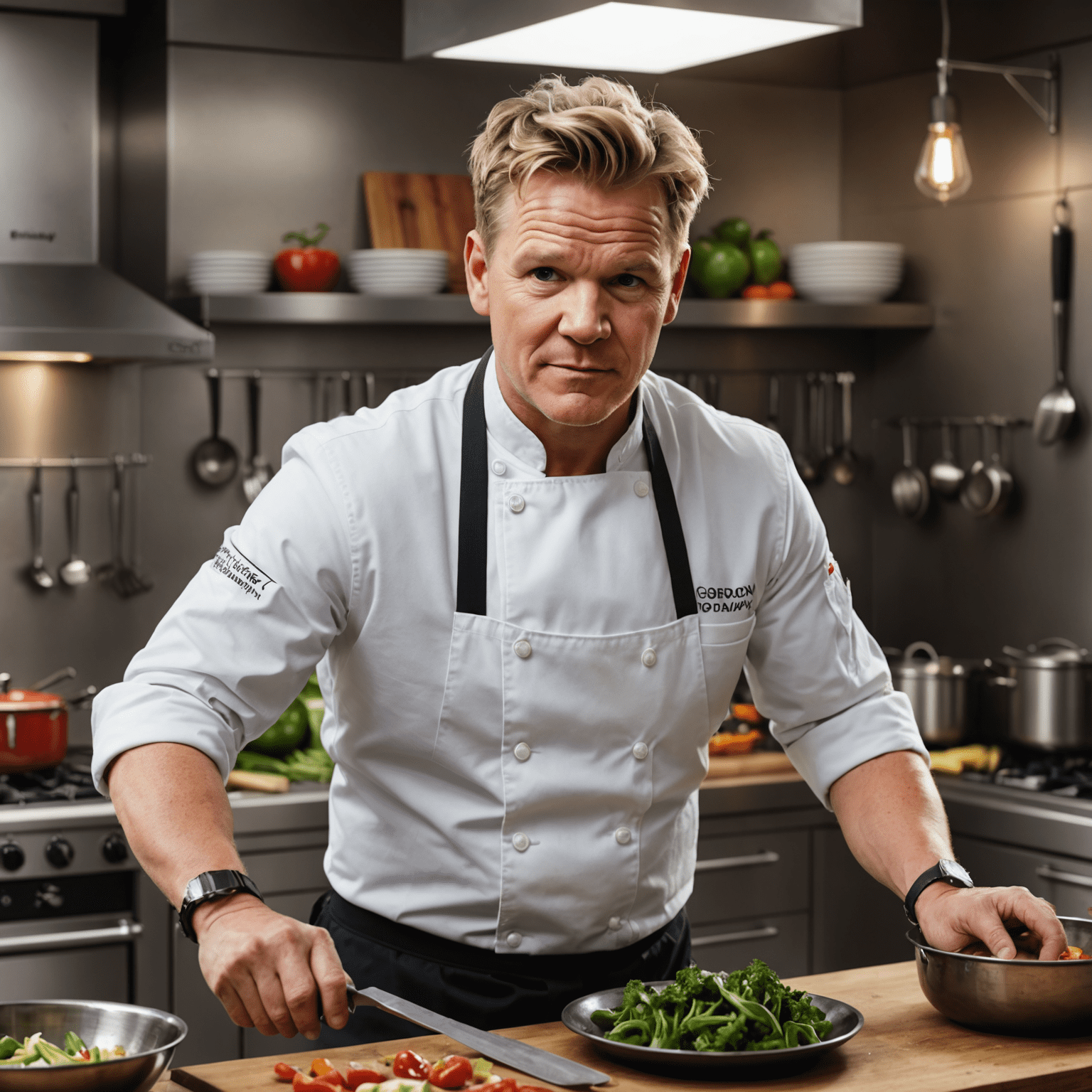 Gordon Ramsay in his professional kitchen, wearing chef's whites and demonstrating cooking techniques