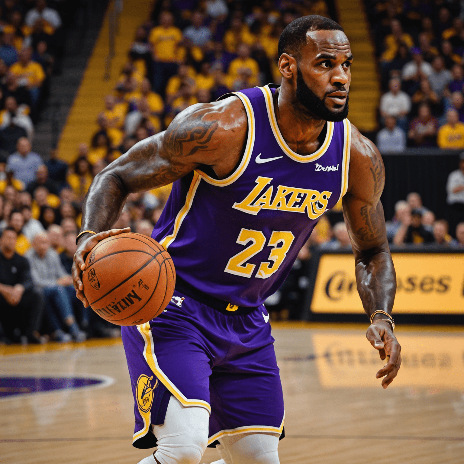 LeBron James dribbling a basketball on the court, wearing his Lakers jersey, with a determined expression on his face