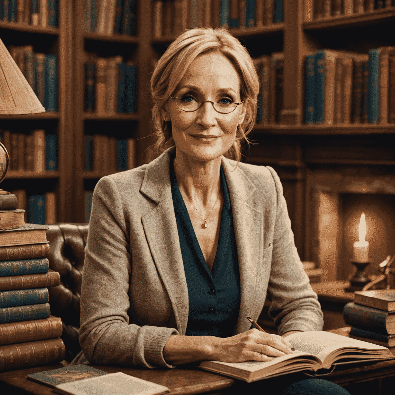 J.K. Rowling sitting in a cozy library, surrounded by books, with a warm smile on her face