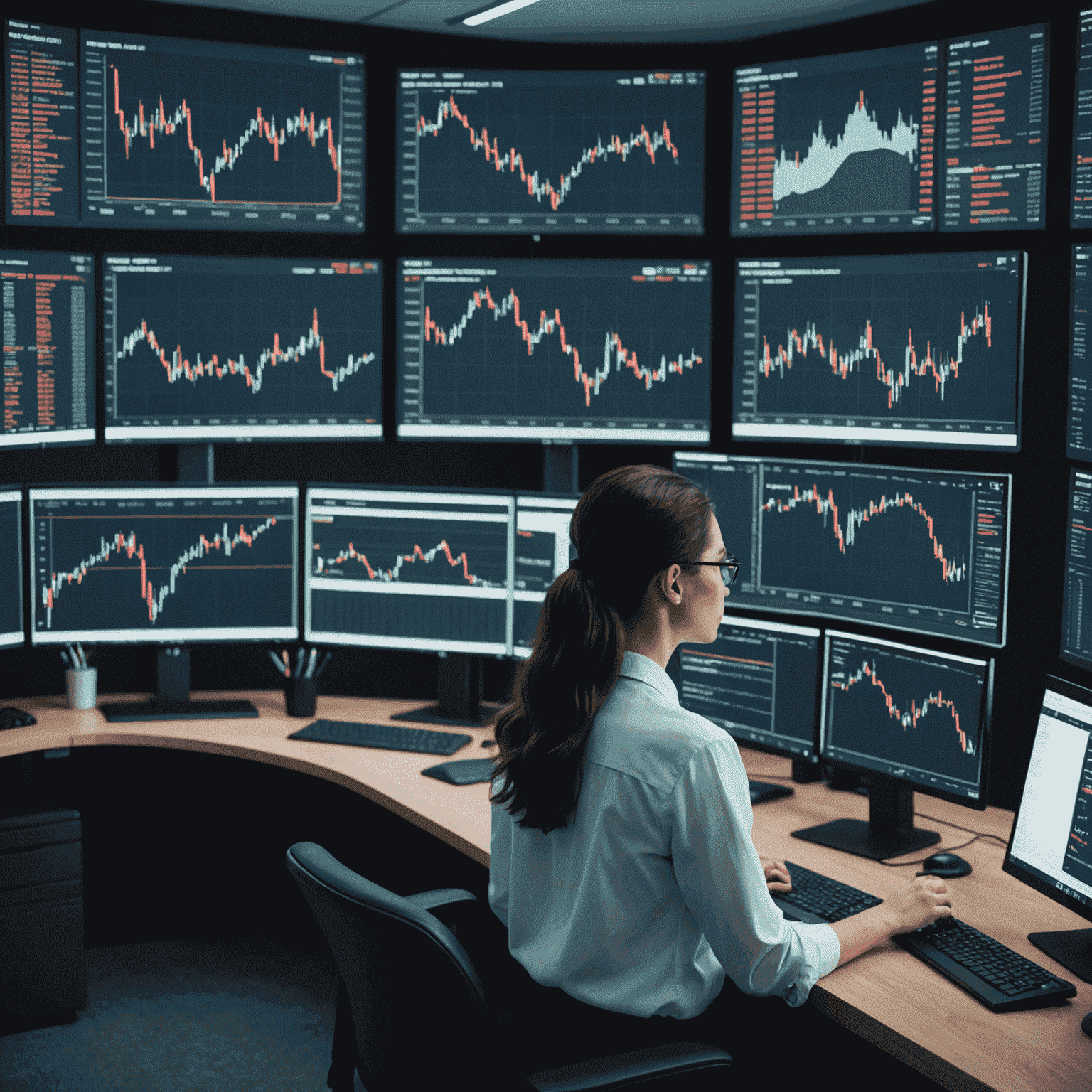 Jane Doe in a professional trading environment, analyzing charts on multiple screens, with TradingView platform visible