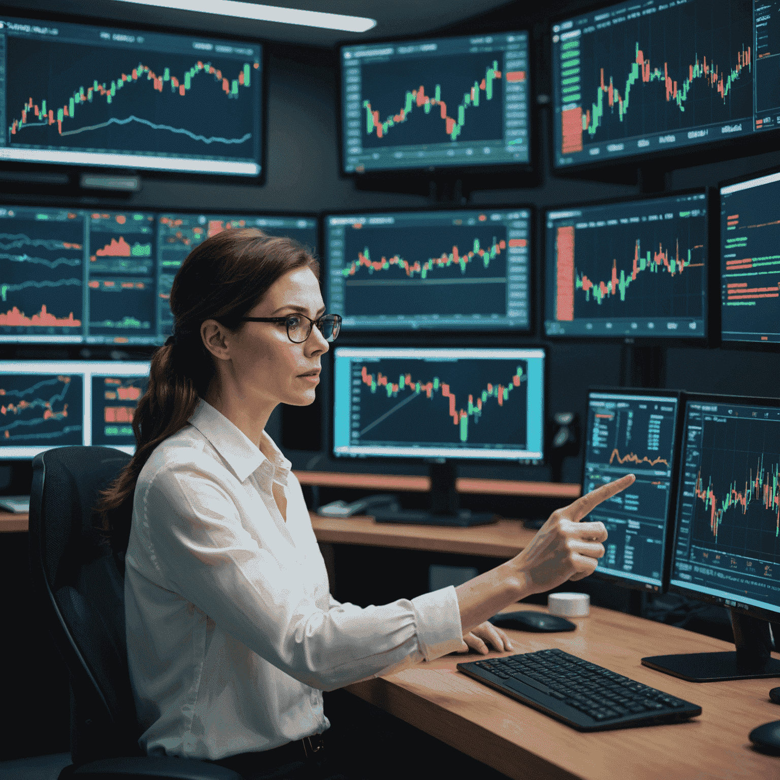 Jane Doe in a professional trading environment, surrounded by multiple monitors displaying financial charts and data. She's pointing at a screen showing TradingView interface.