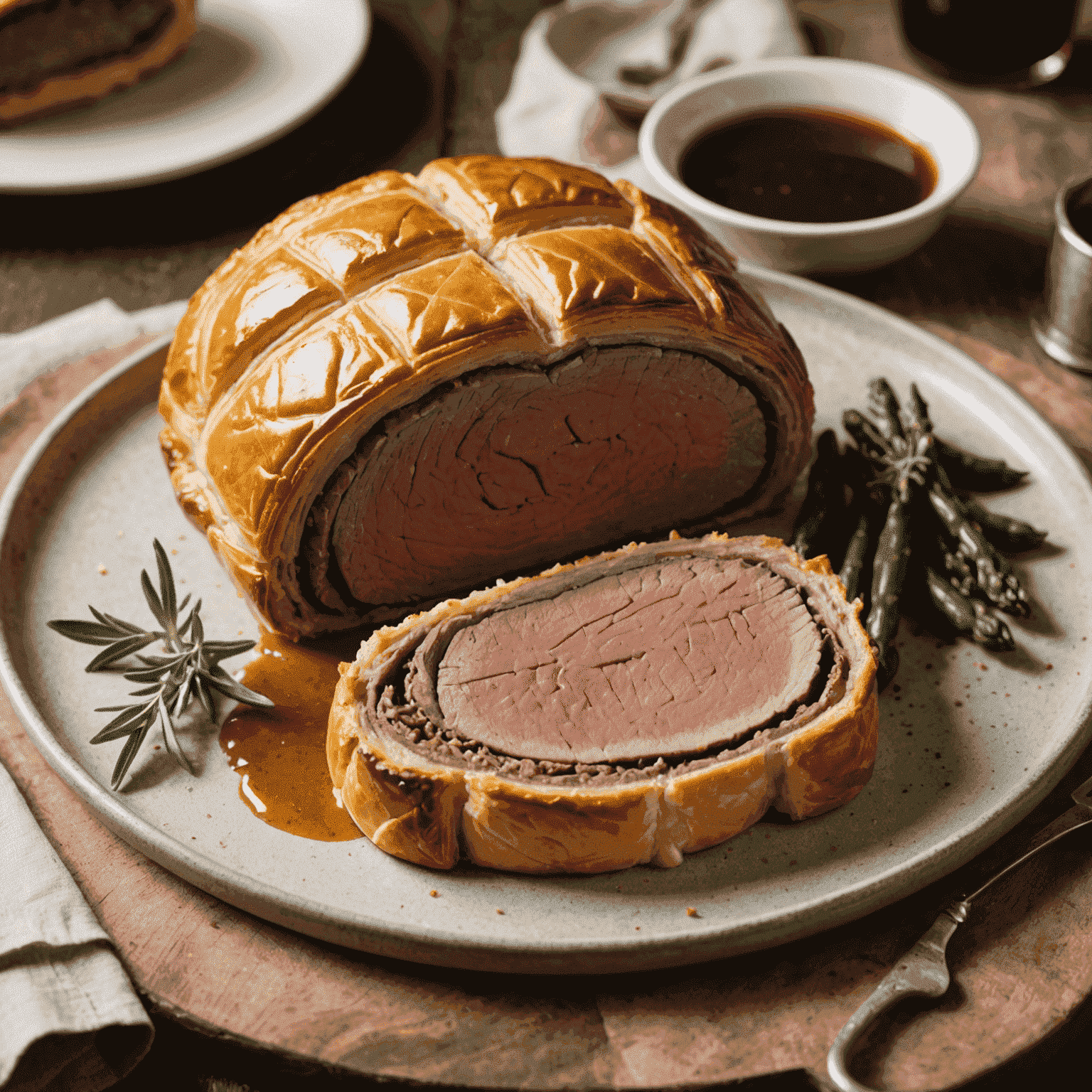 A perfectly prepared Beef Wellington, golden-brown pastry encasing a tender cut of beef