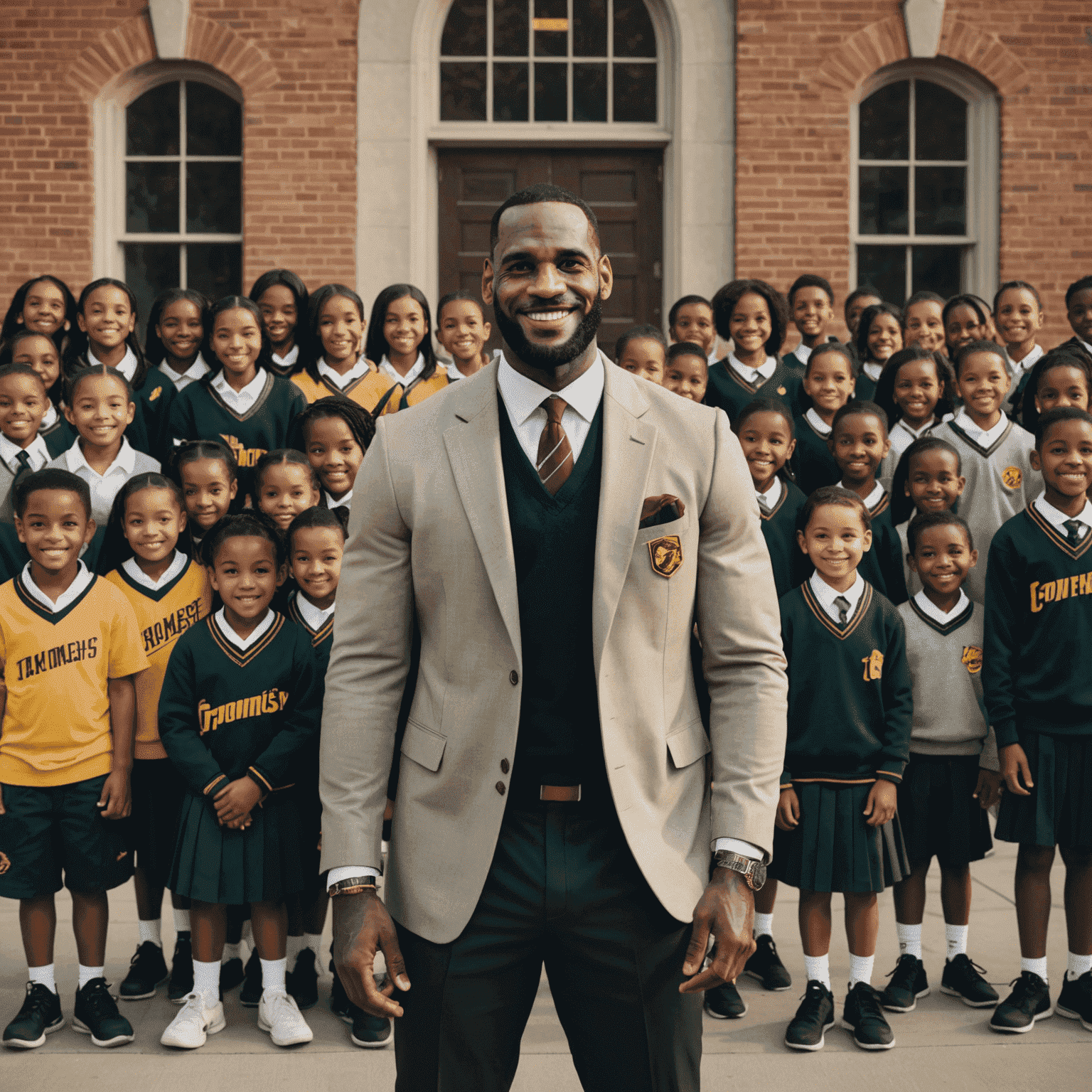 LeBron James standing in front of the I Promise School, surrounded by smiling students in school uniforms