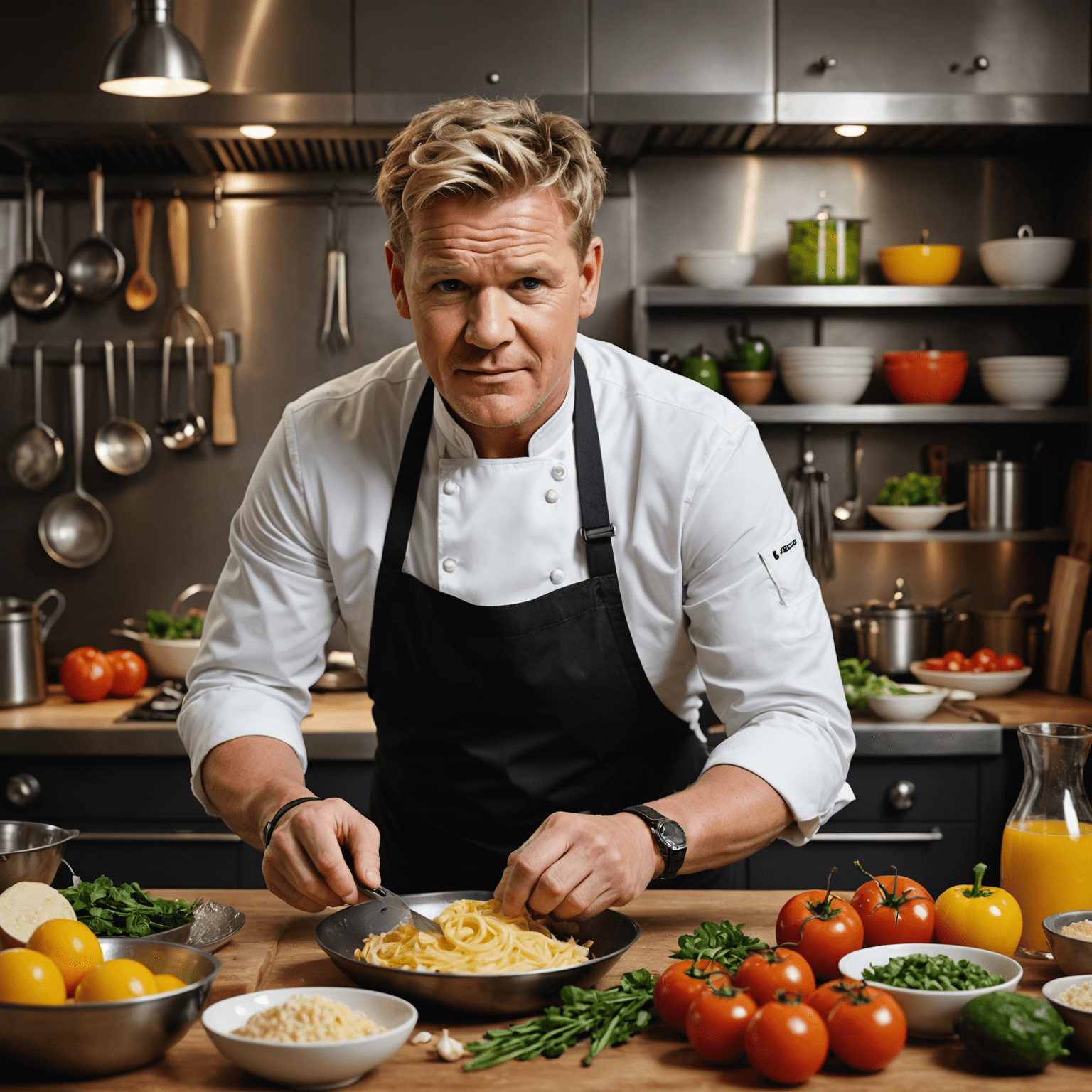 Gordon Ramsay in a professional kitchen, demonstrating cooking techniques with various ingredients spread out