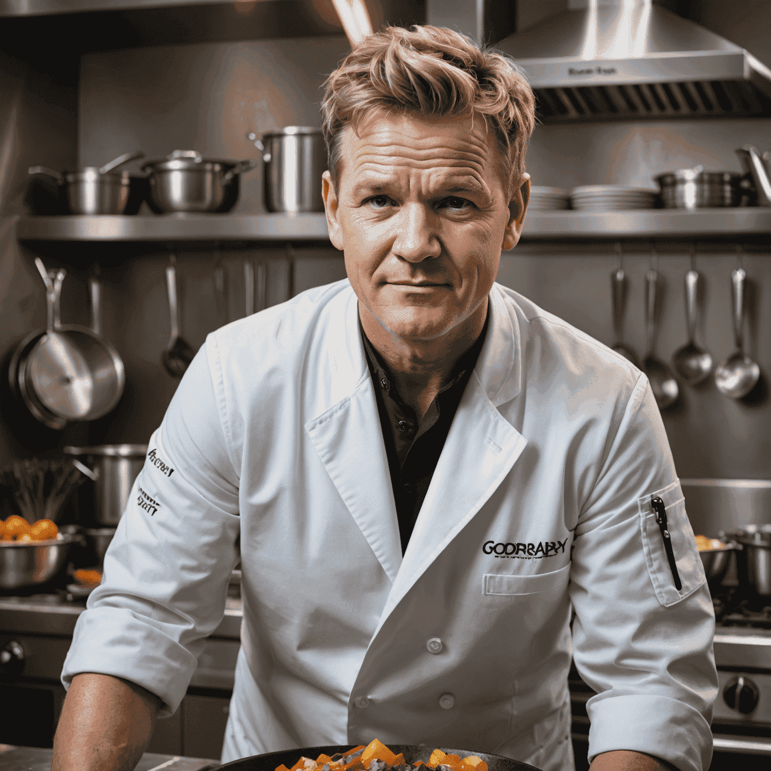 Gordon Ramsay in a professional kitchen, demonstrating a cooking technique. He's wearing his signature chef's jacket and has a passionate expression while working with ingredients.