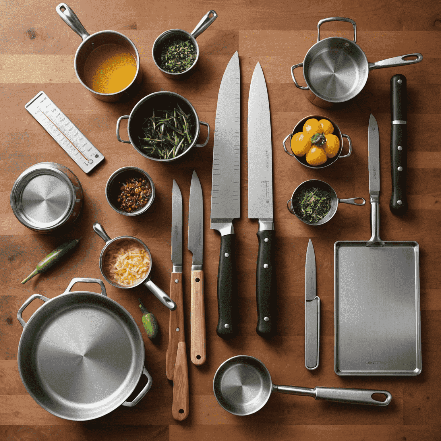 A collection of professional-grade kitchen tools including sharp knives, stainless steel pots, and a digital thermometer