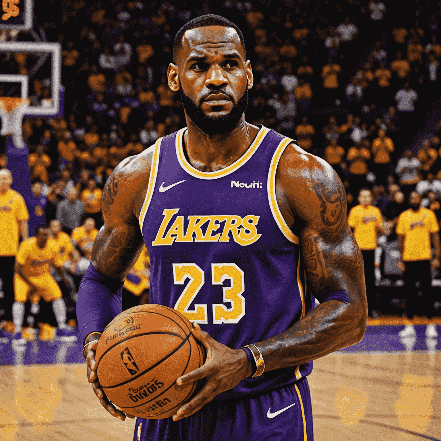 LeBron James on a basketball court, wearing his Lakers jersey. He's holding a basketball and has a determined look, with championship trophies visible in the background.