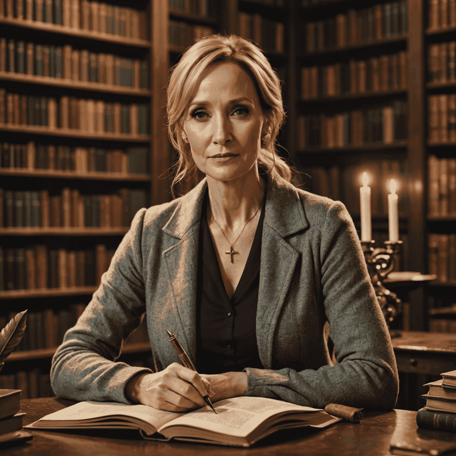 J.K. Rowling in a cozy library setting, surrounded by books. She's holding a quill pen and has a thoughtful expression, with magical elements from the Harry Potter series subtly incorporated in the background.